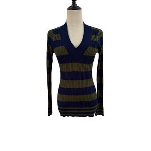 Vtg Y2K Engergi Ribbed Knit Striped Sweater Top Sz L‎ Juniors Green Navy Deep V
